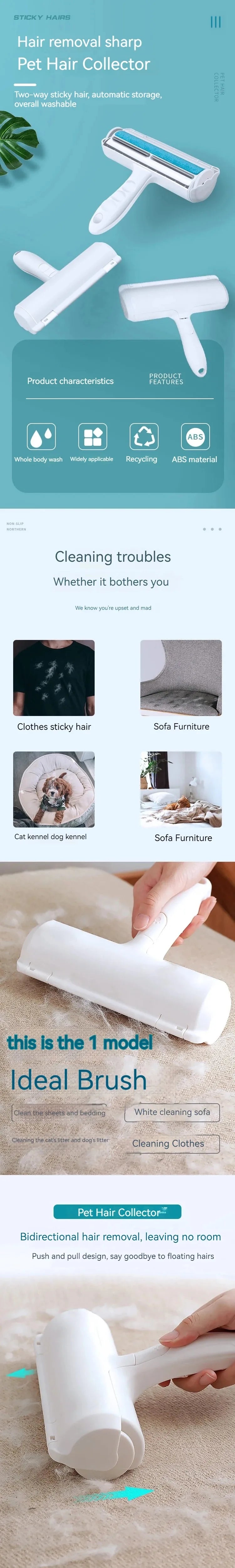 Portability Roller Pet Hair Remover 2-Way Reusable Lint Brush Plastics Furniture Dog and Cat Surface Hair Removal Tool